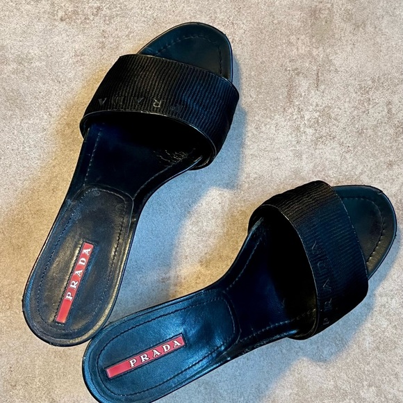 Prada Black/Sport NASTRA size 38 (8) Women Nylon Patent Leather Wedge Sandals - Picture 5 of 10